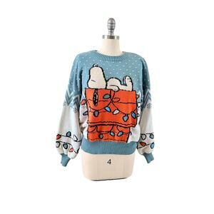 Peanuts Snoopy Christmas Sweater LG Blue Holiday Knit Lights Crewneck